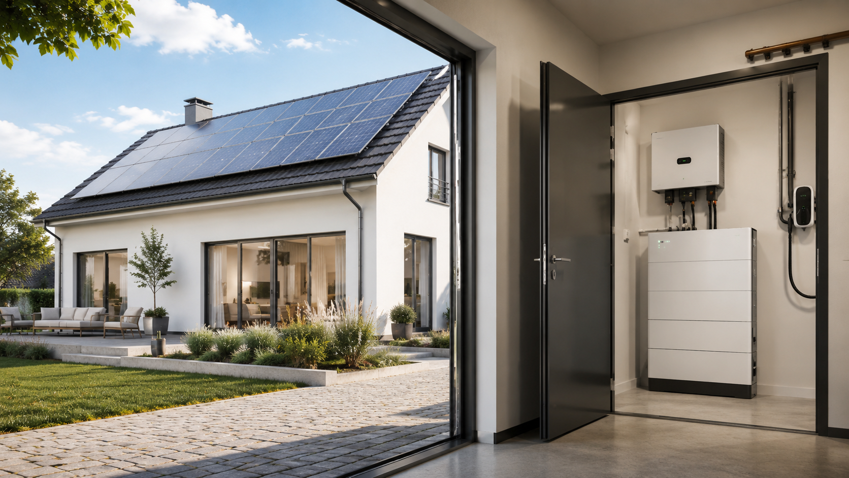 Photovoltaikanlage mit Batteriespeicher an einem Wohnhaus