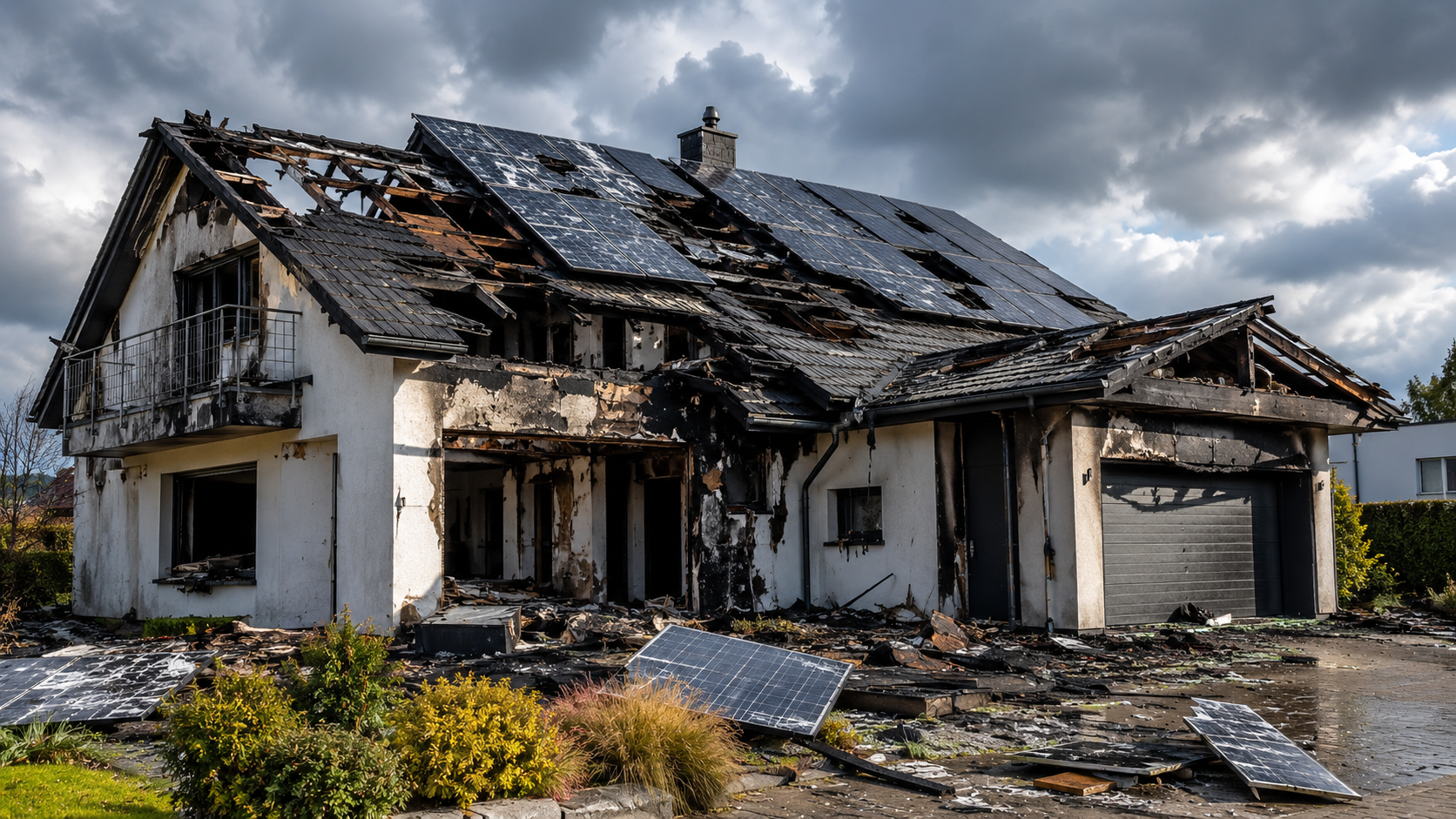 Beschädigtes Wohnhaus mit Photovoltaikanlage nach schwerem Schaden