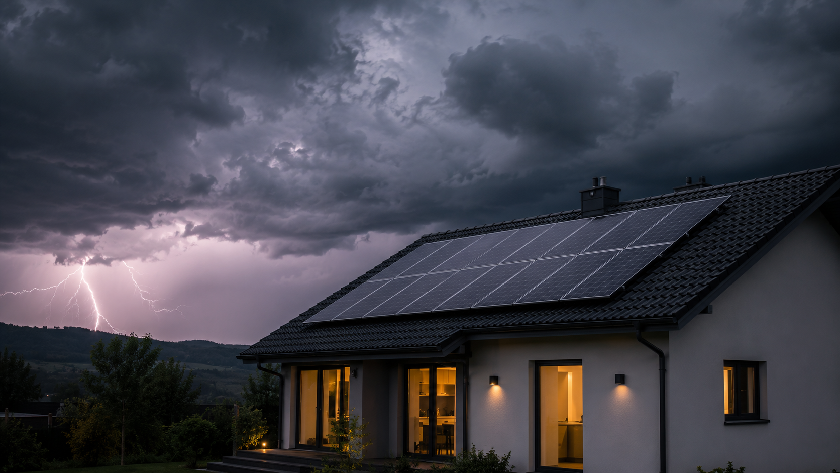 Photovoltaikanlage auf Wohnhaus bei Gewitter und Blitzschlag