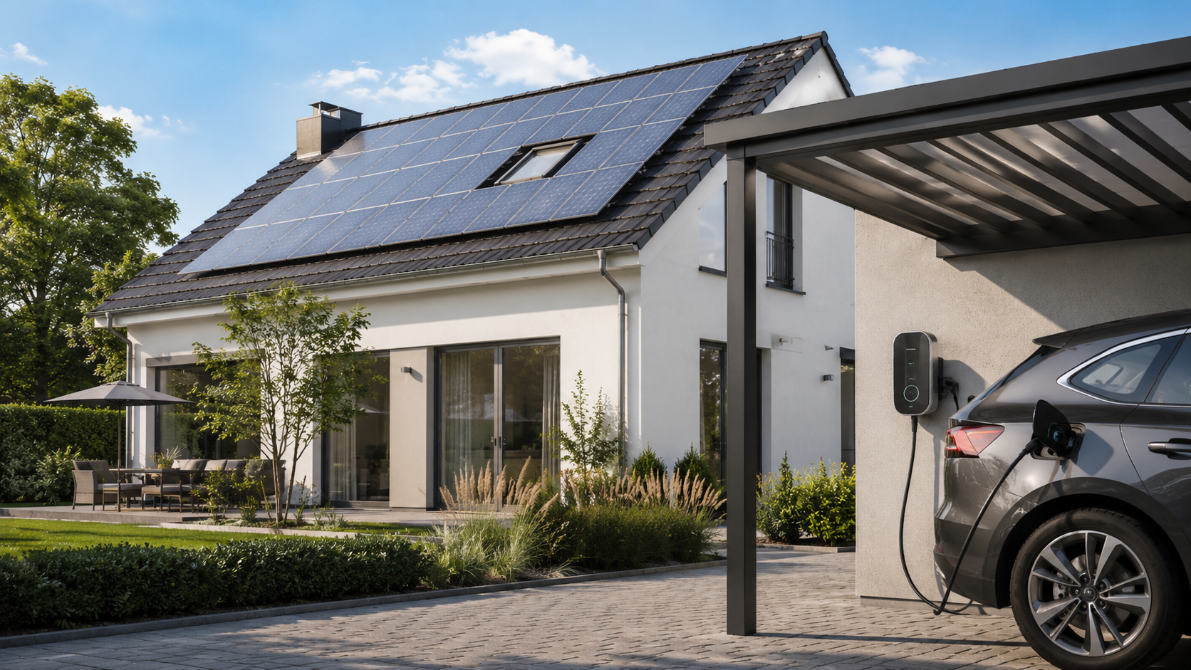 Wallbox an Wohnhaus mit Photovoltaikanlage und Elektroauto